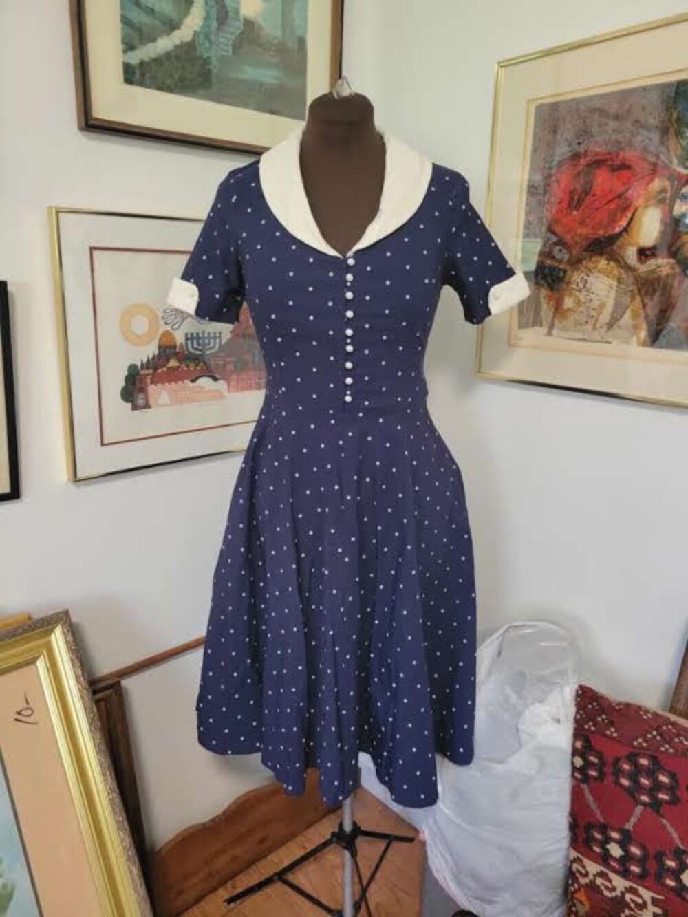 Vintage Look Lucille Ball Polka Dot Blue Dress Size Medium